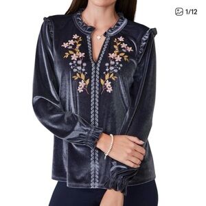 Spartina 449 Velvet Blouse with Floral Embroidery - Dark Gray
